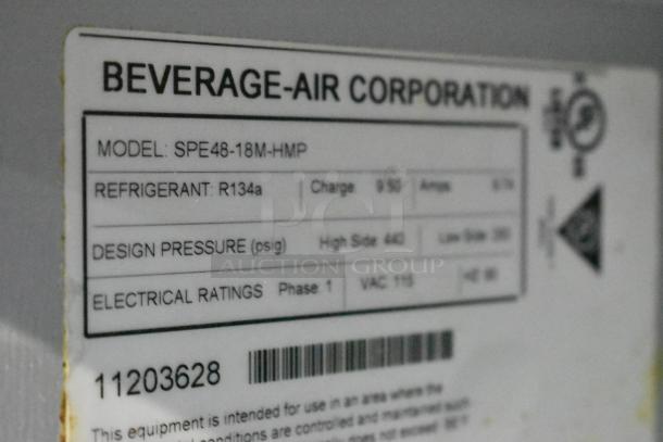 Beverage Air SPE48-18M-HMP stainless steel sandwich prep table label, showing model, refrigerant R134a, and electrical ratings.