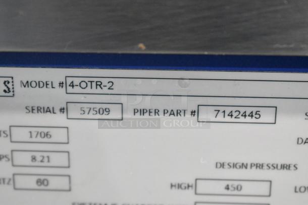 Piper Products 4-OTR-2 stainless steel commercial cold food display case label, 208 volts, model and serial numbers visible.