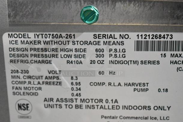 Manitowoc IYT0750A-261 Indigo NXT Ice Machine label, shows model, serial number, voltage, refrigerant, and NSF certification.
