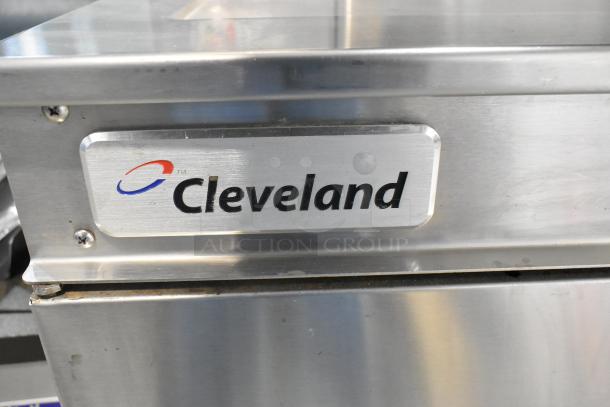 Cleveland PGM3002 stainless steel commercial gas-powered floor steamer, 16 pans, boiler base, 300,000 BTU, label shown.