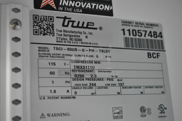 Label of True TSCI-600R-G-PH cooler with model, serial number, 115V, 1 phase, refrigerant R290, and Energy Star certification.