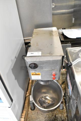 Varimixer W20 commercial dough mixer, 20-quart, with metal mixing bowl and pastry attachment. 115V, 1 phase, warning label visible.
