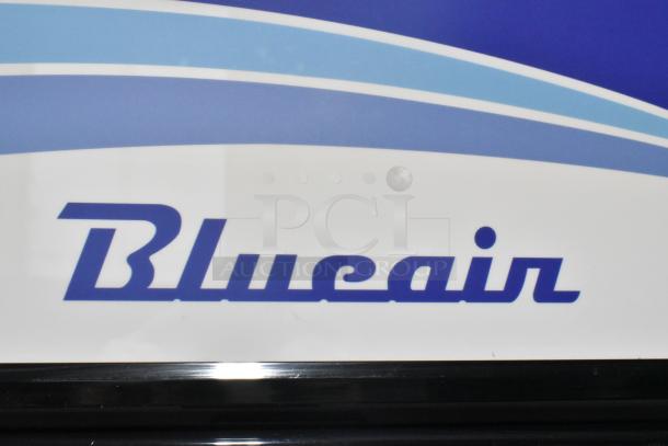 Blue Air logo on a metal commercial 2-door reach-in cooler merchandiser, model BKGM49-HC.