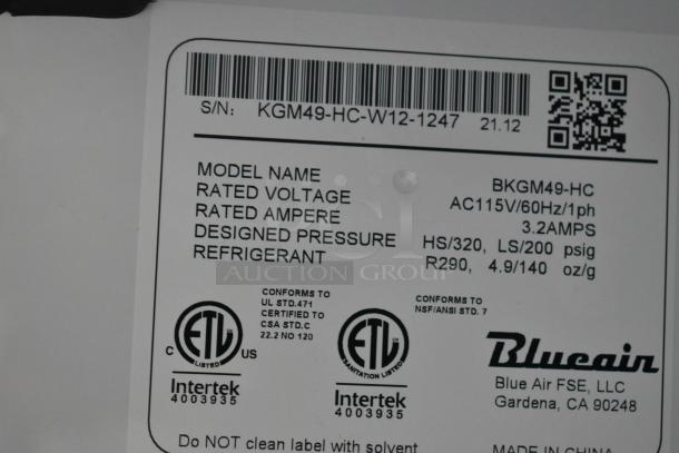 2021 Blue Air BKGM49-HC commercial cooler label showing model, voltage (115V), and specifications.