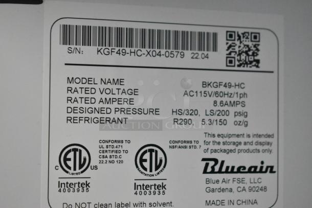 2022 Blue Air BKGF49-HC reach-in freezer label, 115V/60Hz, 8.6A, using R290 refrigerant. ETL certified.