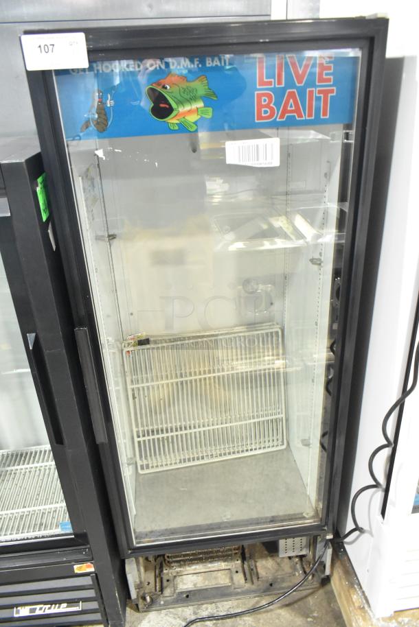 True GDM-12 reach-in cooler, single glass door, metal frame, poly-coated racks, live bait signage, 115V, 1-phase.