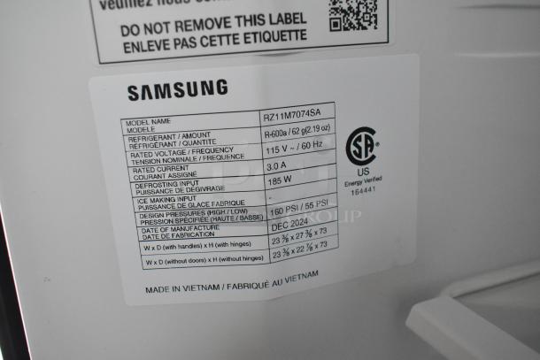 Samsung RZ11M7074SA convertible upright freezer label, showing specifications and energy ratings. Made in Vietnam.