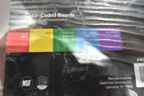 Set of 12 new color-coded cutting boards with scratch and dent. Indicate use for different foods. NSF certified.
