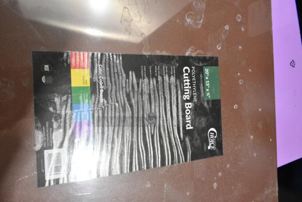 12 new scratch and dent polyethylene cutting boards, 20"x15"x1/2", NSF certified, color-coded label visible.