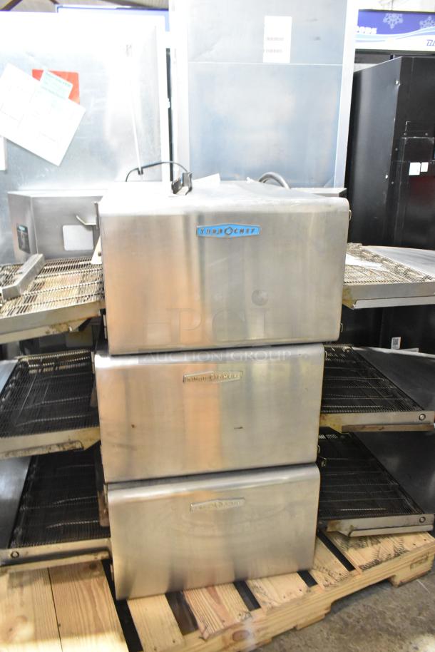 Turbochef HhC2020 stainless steel rapid cook conveyor ovens, 208/240V, 3 phase, stacked, in good condition.