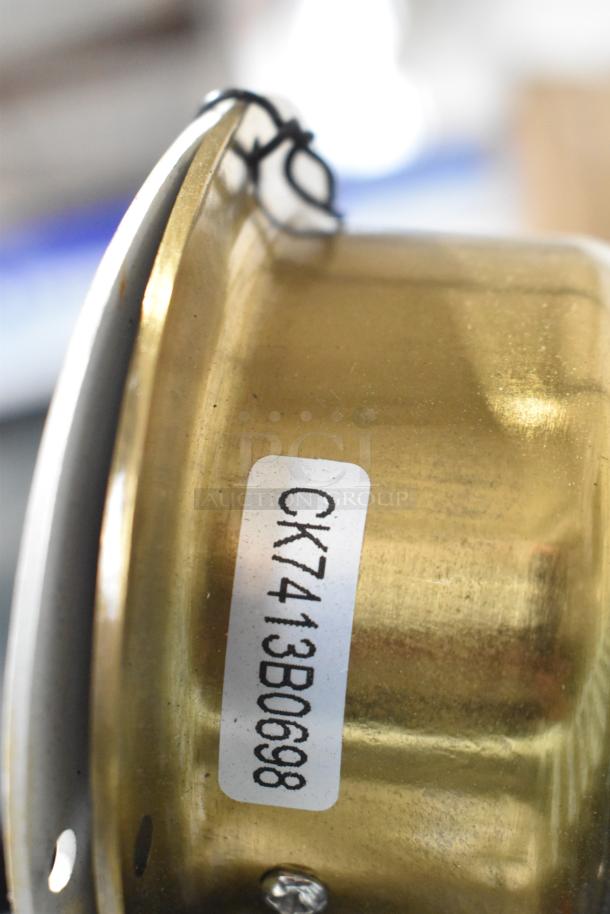 CK7413B0698 metal warming lamp, dual head, 120V, 1 phase. Brass finish with visible label showing model number.
