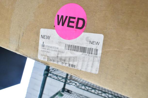 New PD-8 Glass Door, labeled as scratch and dent, shown in packaging with a pink "WED" sticker and product information tag.