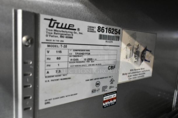 True T-35-HC commercial cooler label showing model, specifications, and "Made in USA" marking. 115V, 1 Phase.