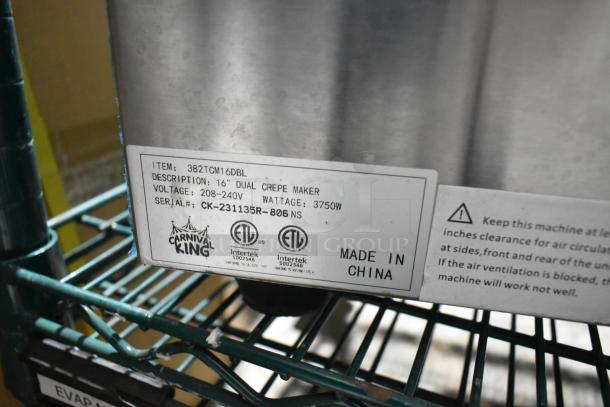 Carnival King 382TCM16DBL stainless steel 16" dual non-stick crepe maker, 208/240V, serial CK-231135R-806, made in China.