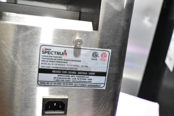 Winco Spectrum ECT-300 stainless steel conveyor oven label showing model, 120V 1-phase specs, and ETL certification.