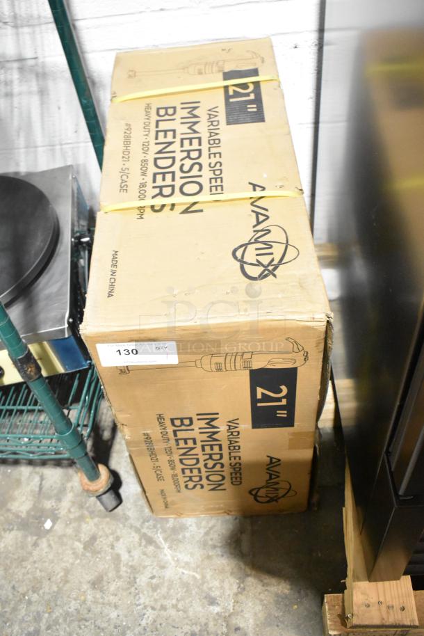 Box of 5 brand new AvaMix 21" heavy-duty variable speed immersion blenders, 1 1/4 hp, 120V, in packaging.