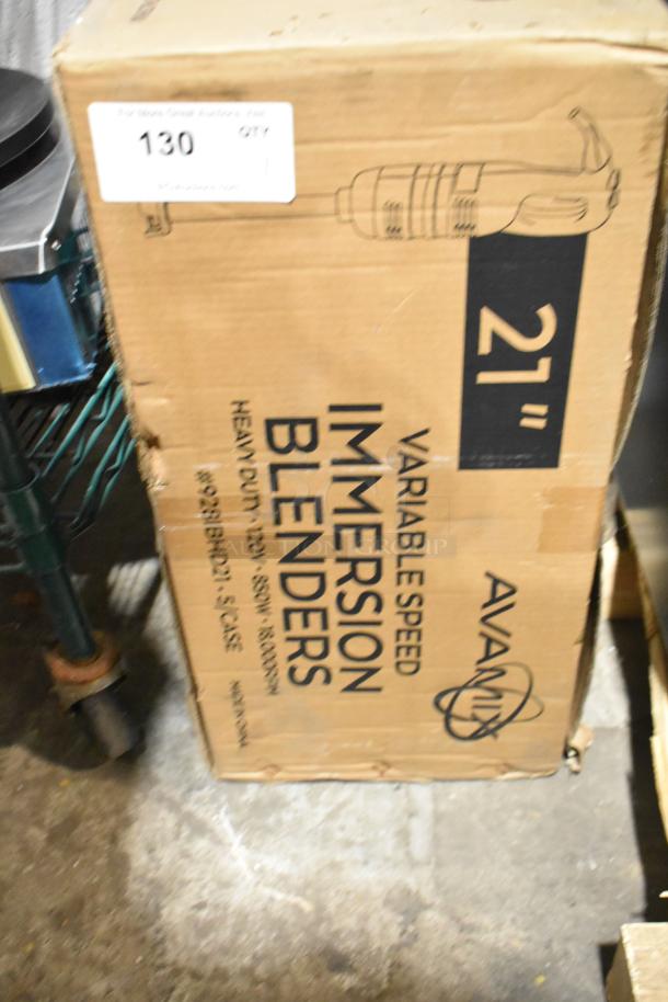 21" AvaMix immersion blender box, labeled with "Variable Speed" and "Heavy-Duty." Marked as 120V, 1 1/4 hp. New condition.