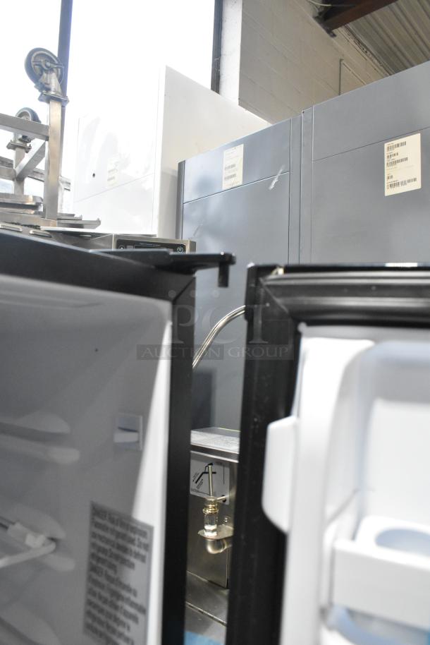 BRAND NEW Micro Fridge 3.3MF4R Mini Fridge, metal, 115V, 1 phase, visible scratches and dents, open doors showing interior.