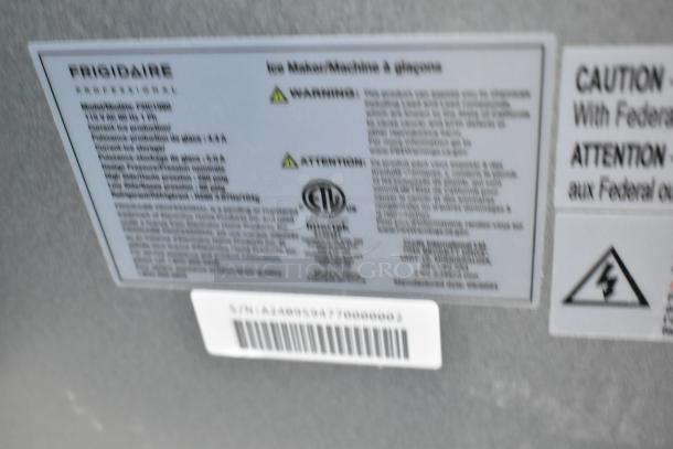 Frigidaire FSIC-1980 stainless steel ice machine label, showing model, warnings, and certifications. 115V, 1 phase.
