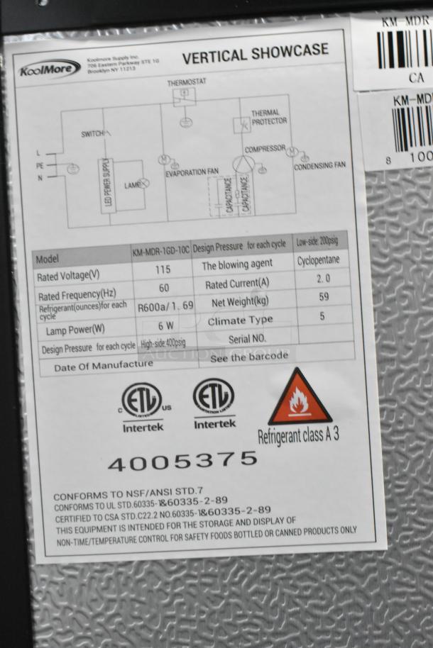 KoolMore KM-MDR-1GD-10C refrigerator label showing electrical specifications, ETL certification, and refrigerant class A3 warning.
