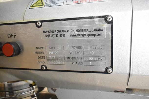 Presto PM-20 20 Quart Metal Dough Mixer with bowl, guard, and hook. 110V, 1 phase. Features manufacturer's info label.