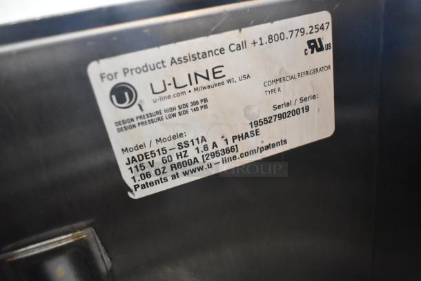2019 Uline JADE515-SS11A Nitro Dispenser, stainless steel, 115V, 1 Phase. Label shows model, serial number, and specs.