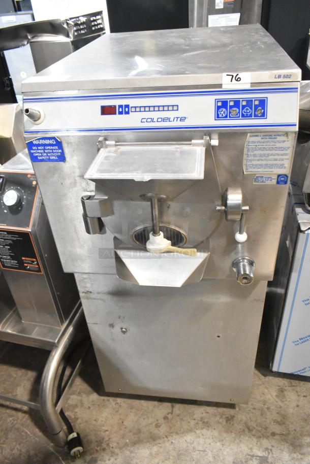 Coldelite LB502 commercial batch freezer, stainless steel, floor model, on casters, 208-230V, 3 phase, visible controls and label.