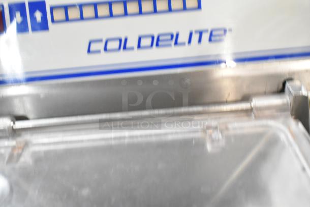 Coldelite LB502 stainless steel batch freezer, floor style, commercial casters, 208-230V, 3-phase, logo visible.