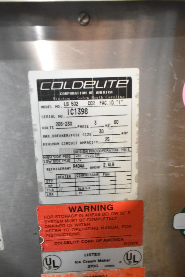 Coldelite LB502 stainless steel commercial batch freezer, 208-230V, 3 phase, on casters, visible label with model and serial number.