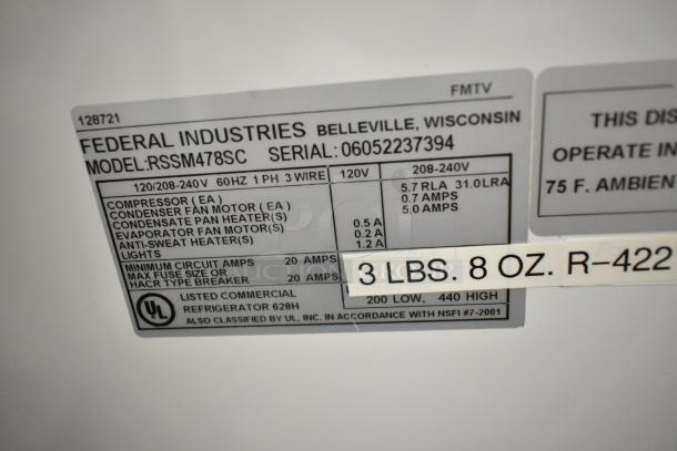 Federal RSSM478SC Reach-In Merchandiser label. Shows voltage, phase, serial number, and UL certification.