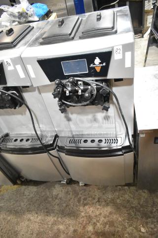 Vevor YKF-9228 Stainless Steel Commercial Floor Style 2 Flavor w/ Twist Soft Serve Ice Cream Machine on Commercial Casters. 110 Volts, 1 Phase. - Item #1222031