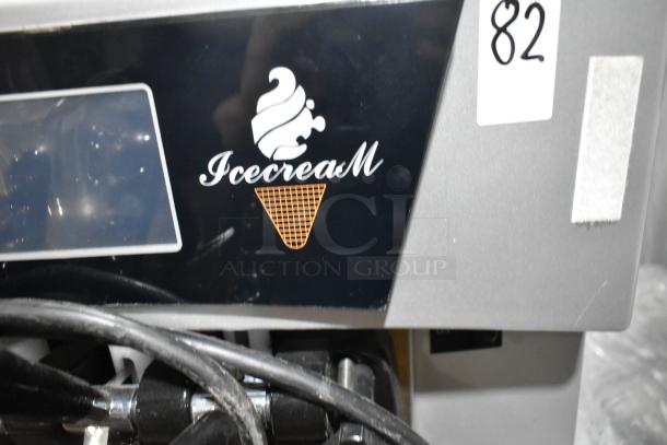 Vevor YKF-9228 commercial ice cream machine, stainless steel, 2 flavors with twist, label shows "Icecream", 110 Volts.