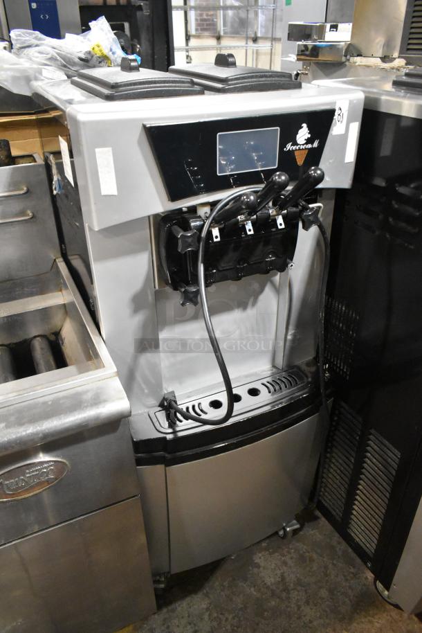 Vevor YKF-9228 stainless steel soft serve machine, 2 flavors with twist, on commercial casters, 110V, 1 phase, good condition.