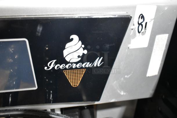 Vevor YKF-9228 stainless steel soft serve machine, 2-flavor twist, on commercial casters, 110V, 1 phase. "Icecream" label.