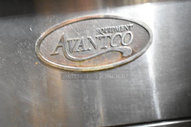 Avantco FF300-N stainless steel deep fryer badge, displaying brand name on commercial-grade equipment.
