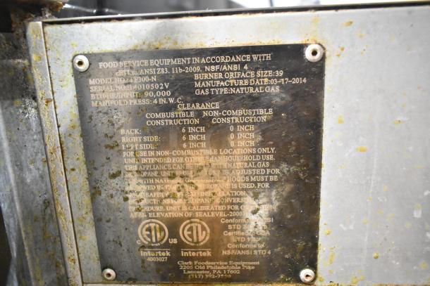 Avantco FF300-N fryer label; 90,000 BTU, natural gas, manuf. date 03-17-2014, ETL and ANSI certified, stainless steel.