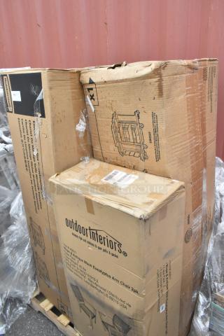 Three new, scratch and dent items in boxes: two Outdoor Interiors stackable chairs and one Rubbermaid® housekeeping cart.