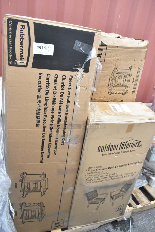 Three boxed items: two Outdoor Interiors 46611 Rope and Antique Wash Eucalyptus Chairs and a Rubbermaid Full-Size Housekeeping Cart. Boxes show minor wear. Tags indicate condition and contents.