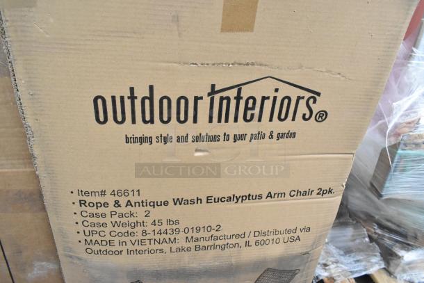 Cardboard box labeled "Outdoor Interiors" containing 2 Nautical Rope and Antique Wash Eucalyptus Arm Chairs, item #46611.