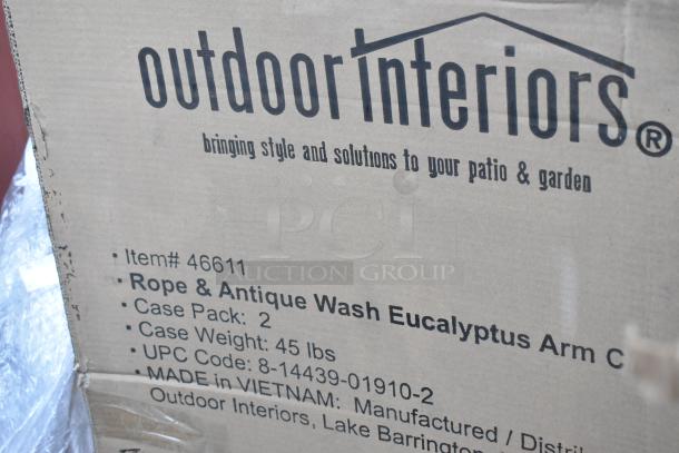 Box with Outdoor Interiors 46611 Eucalyptus Arm Chairs. Case of 2, weight 45 lbs. Made in Vietnam.