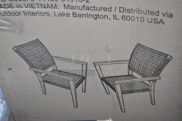 Cardboard box with illustration of two Outdoor Interiors 46611 Nautical Rope and Antique Wash Eucalyptus Stackable Chairs. Made in Vietnam.