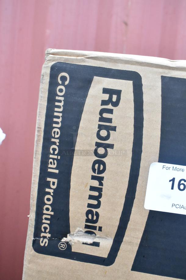 Rubbermaid® Commercial Products box with visible tear, contains Full Size Housekeeping Cart. New, scratch and dent condition.