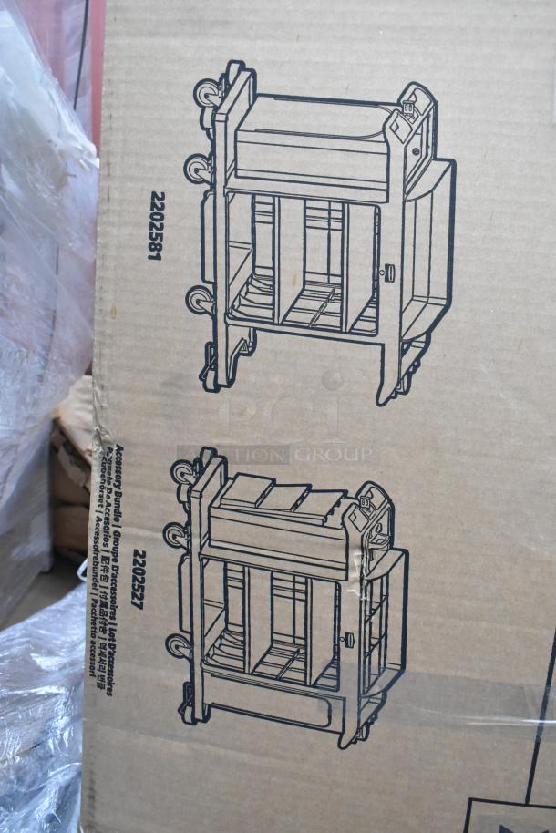 Rubbermaid 2202527 housekeeping cart box with accessory bundle, new condition, featuring cart illustrations.