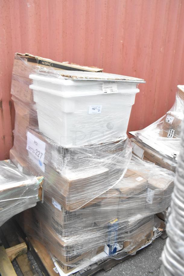 Wrapped pallet containing 20 new scratch and dent items, including glasses, a cutting board, coil, and plates. Box labeled "Acopa."