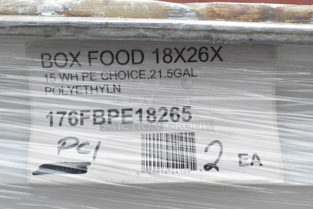 Label on box indicating contents: food storage container, 18x26 inches, 21.5-gallon capacity, polyethylene material, model 176FBPE18265, 2 units.