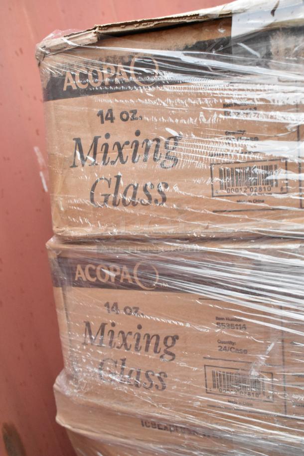 Box of 14 oz. Acopa mixing glasses, part of 20 new scratch and dent items. Box shows item number 5532514, 24 per case.