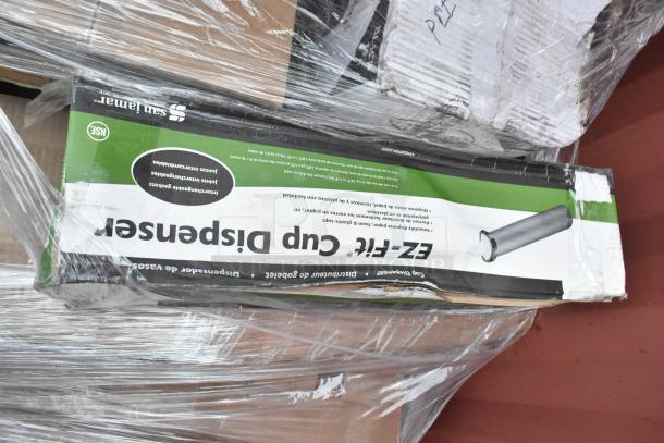 Box of 20 new scratch and dent items, including glasses and a cup dispenser. San Jamar EZ-Fit Cup Dispenser label visible.
