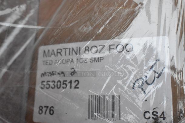 Label showing "Martini 8oz Foo," with code "5530512." Wrapped item, possibly new with noted defects.