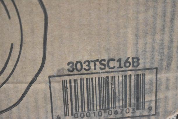 Cardboard box showing barcode and label "303TSC16B," associated with new scratch and dent items including glasses and plates.