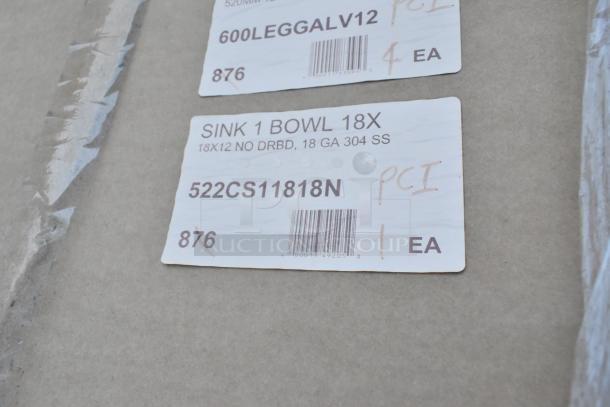Label showing item description: SINK 1 BOWL 18X, 18x12 NO DRBD, 18 GA 304 SS, model 522CS11818N, 1 each.